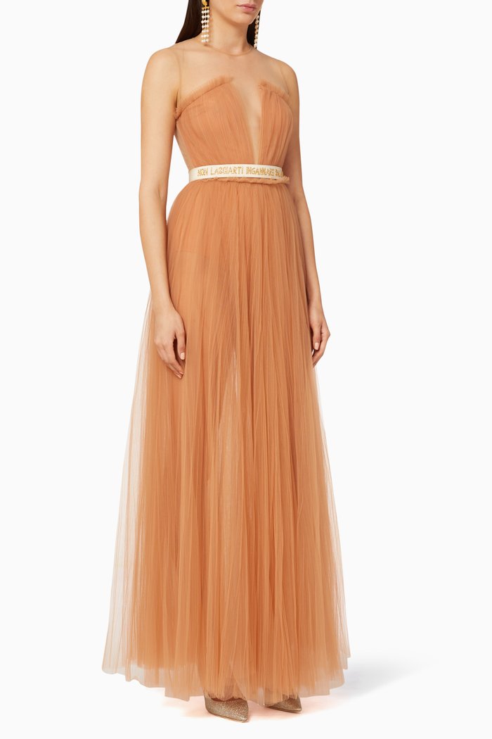 

Gathered Tulle Maxi Dress, Rose gold