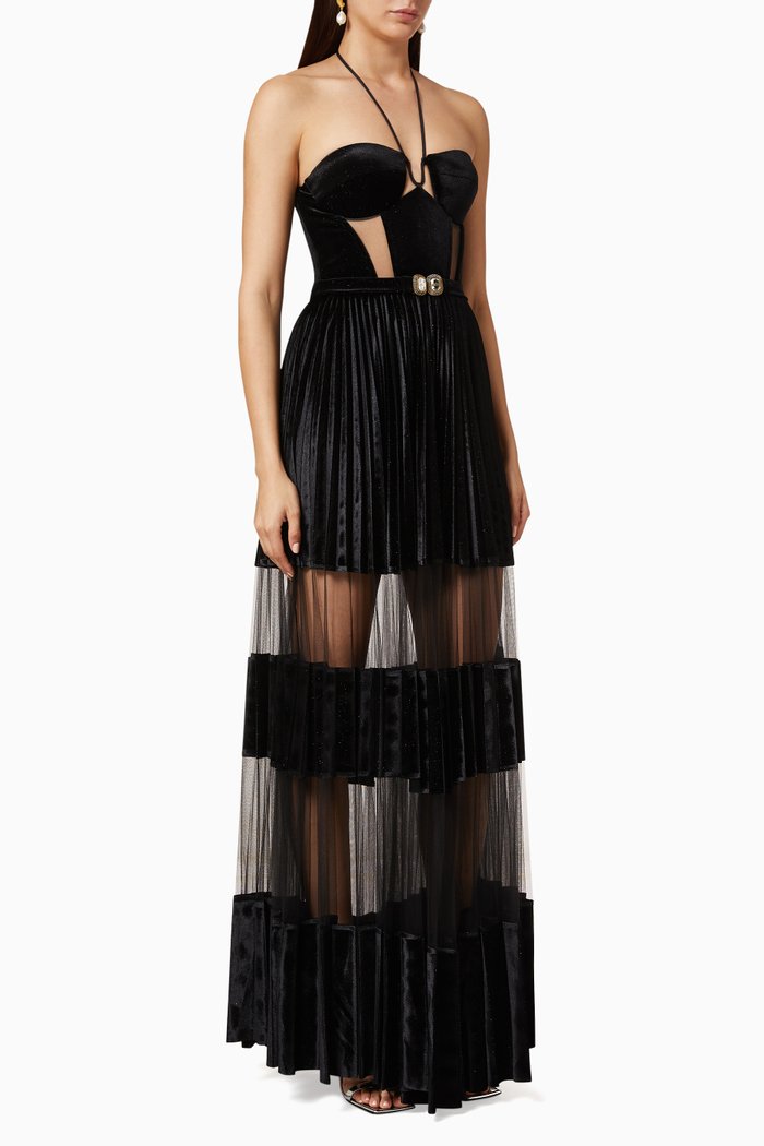 

Pleated Velvet Maxi Dress, Black
