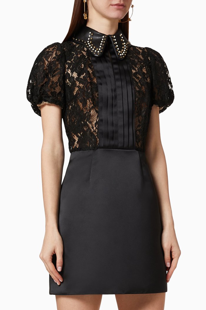 

Rebrodé Lace Satin Mini Dress, Black
