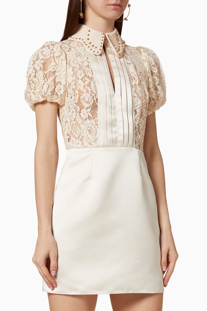

Rebrodé Lace Satin Mini Dress, White