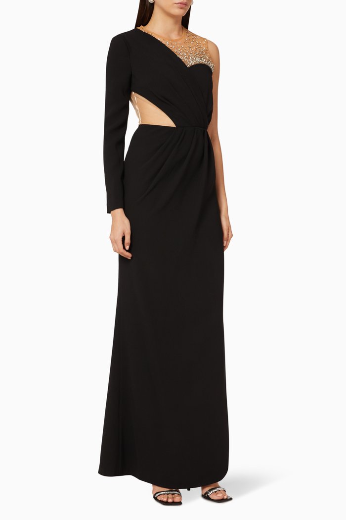 

Asymmetric Crêpe Maxi Dress, Black