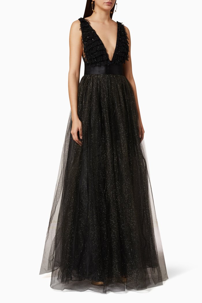 

Sequin Bead Tulle Maxi Dress, Black