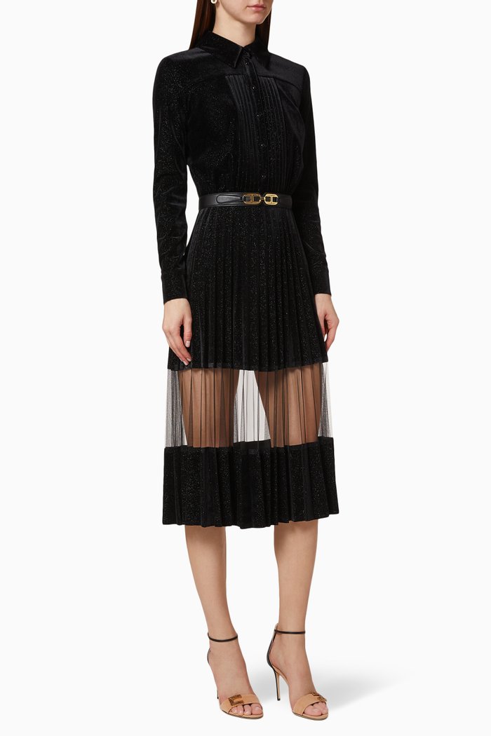 

Pleated Velvet Midi Dress, Black