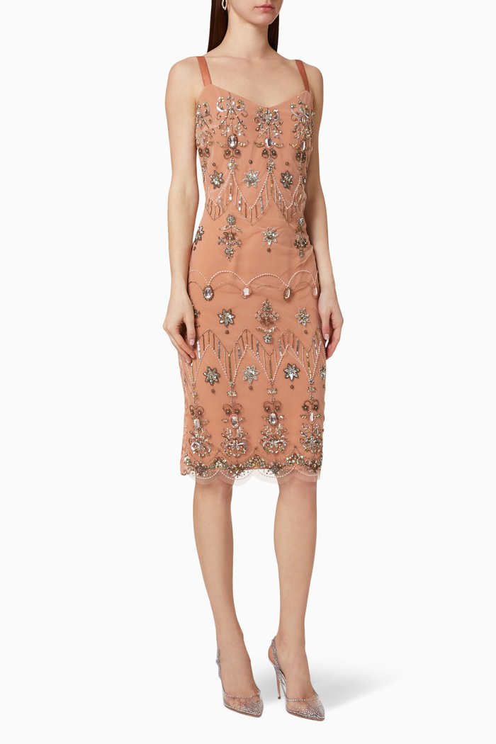 

Sequin Bead Rebrodé Lace Sheath Dress, Rose gold
