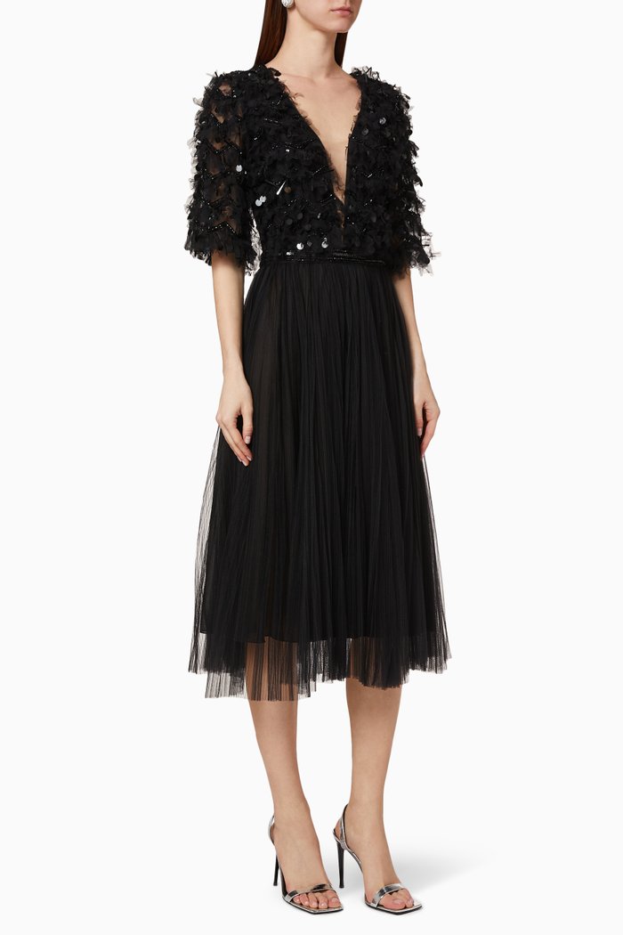 

Sequin Bead Pleated Tulle Dress, Black