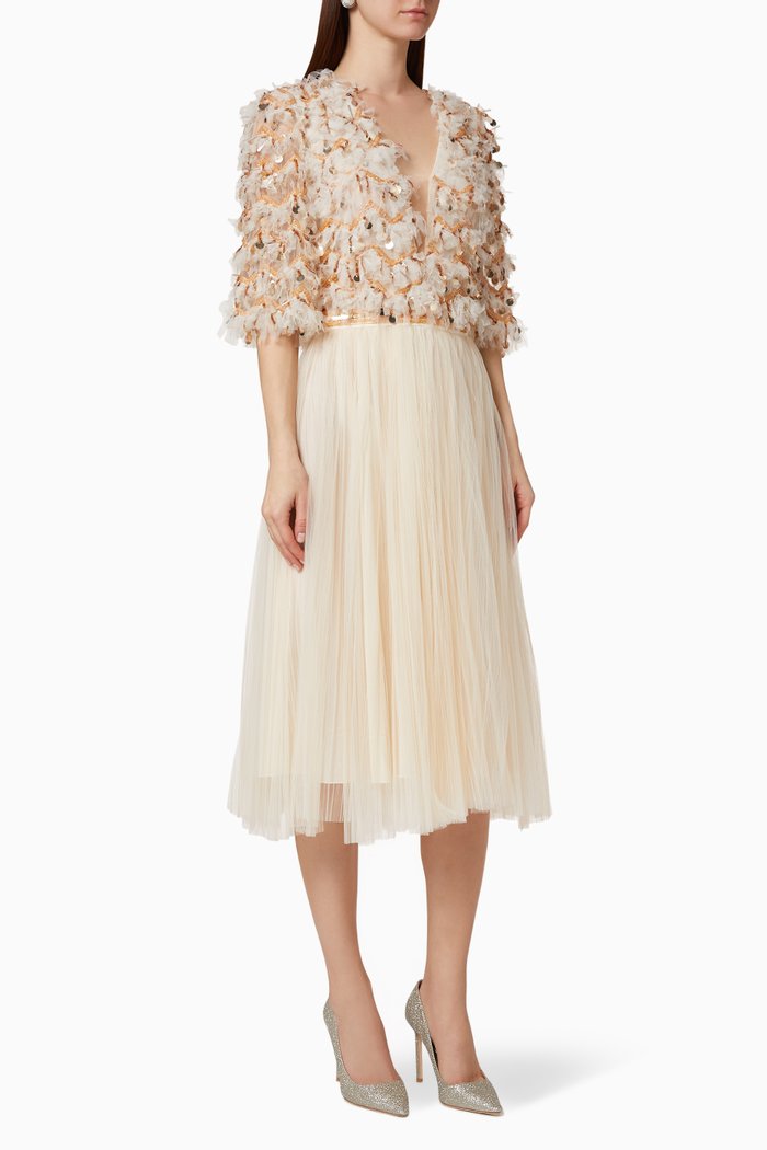 

Sequin Bead Pleated Tulle Dress, White