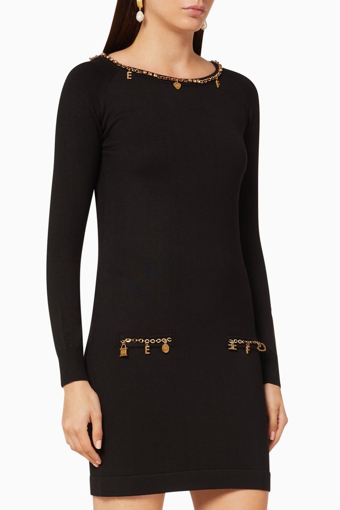 

Chain Appliqué Viscose Mini Dress, Black