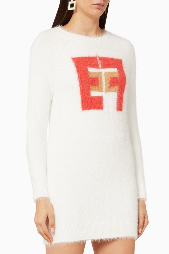 Logo Faux Fur Mini Dress, White