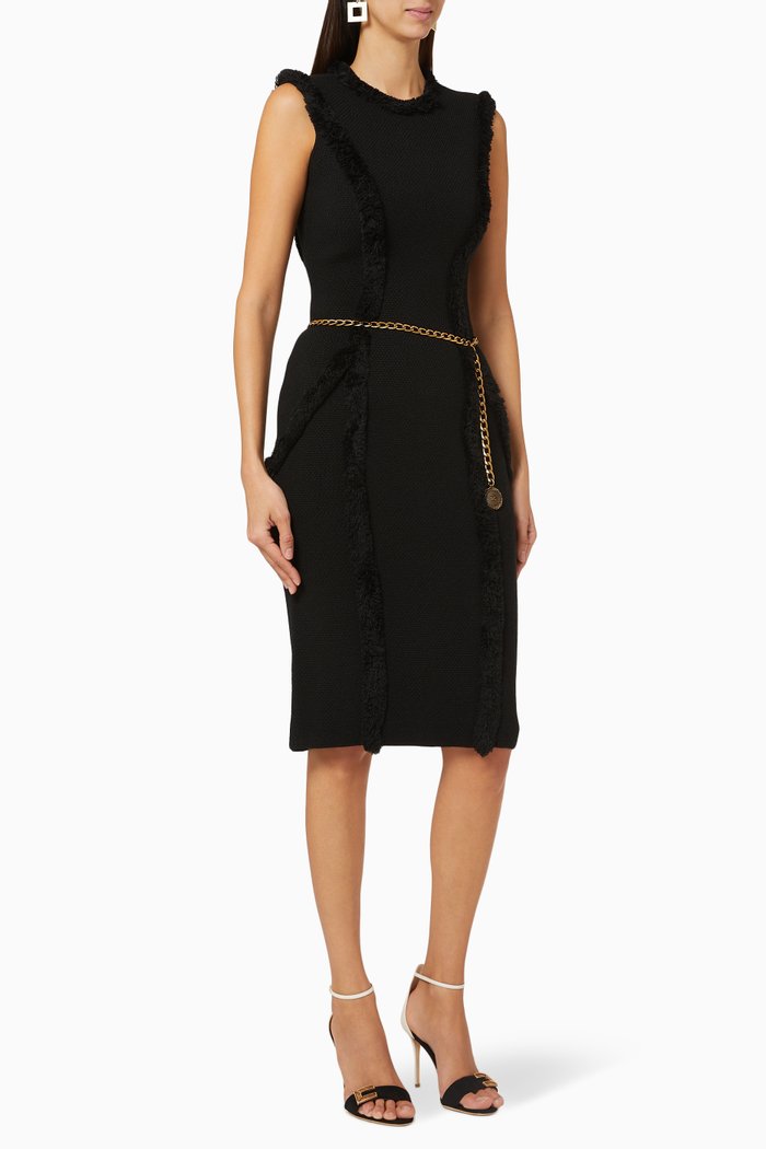 

Chain Belted Wool Midi Dress, Black