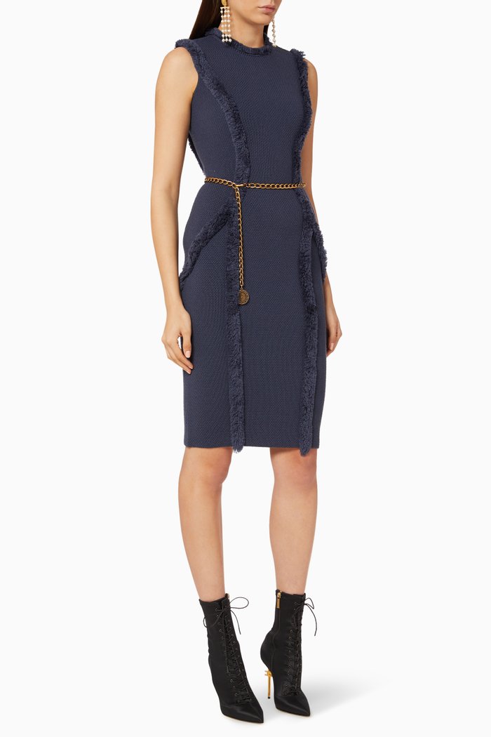 

Chain Belted Wool Midi Dress, Blue