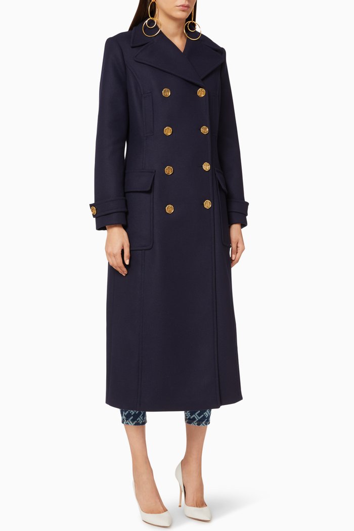 Double-Breasted Virgin Wool Blend Coat, Blue