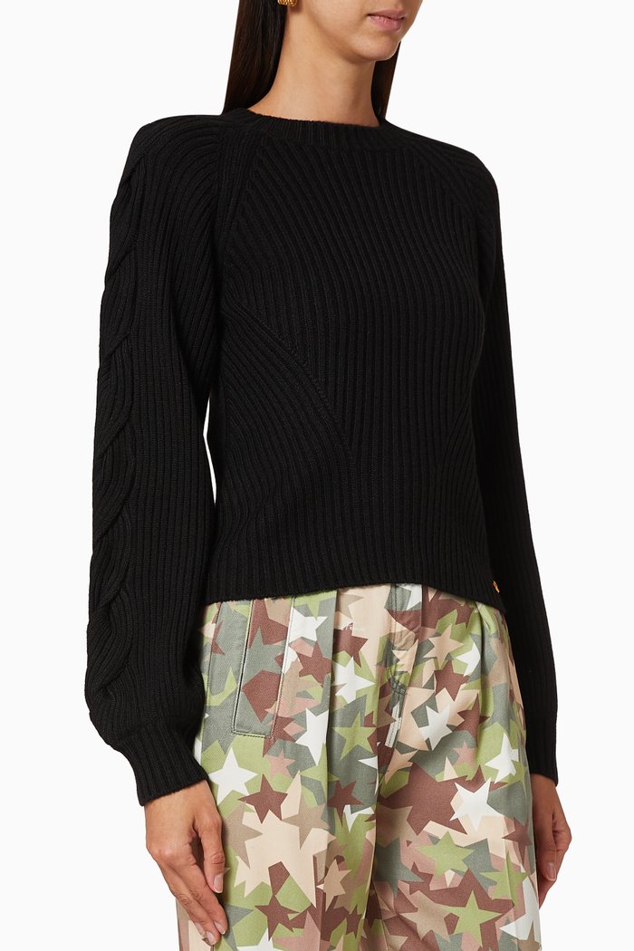 

Braided Sleeves Knit Pullover, Black