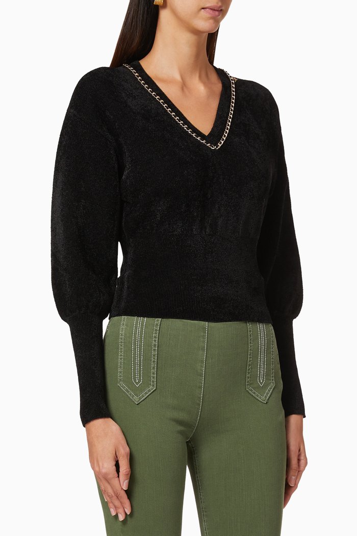 

Chain Appliqué Chenille Short Pullover, Black