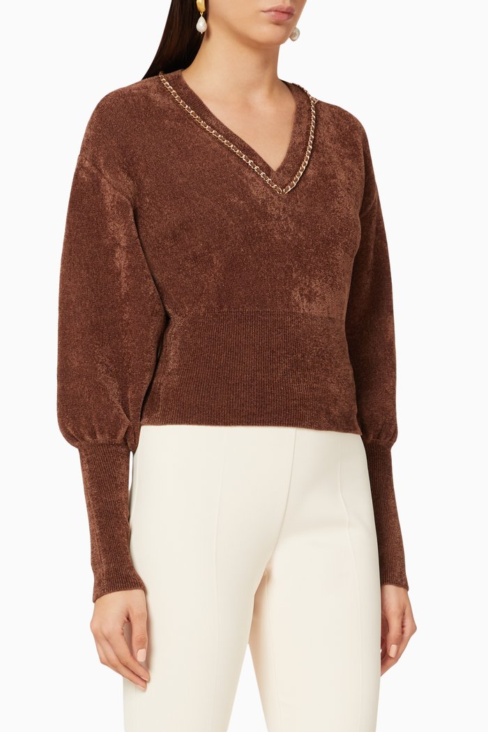 

Chain Appliqué Chenille Short Pullover, Brown