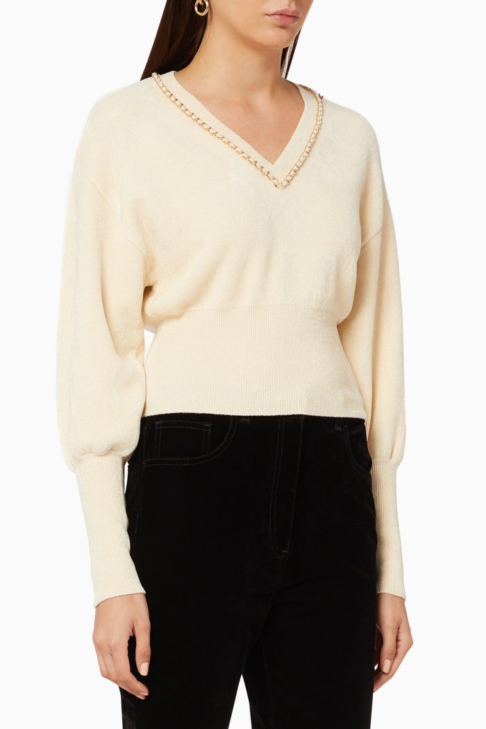 

Chain Appliqué Chenille Short Pullover, White