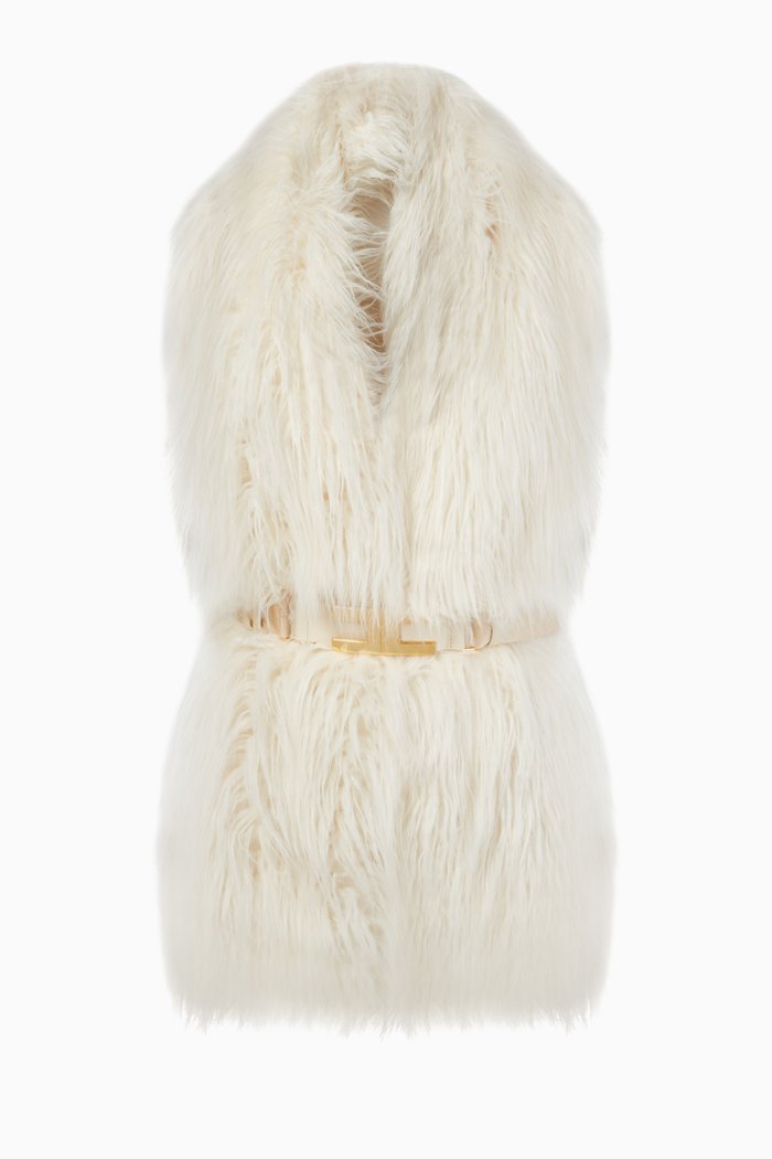 

Faux Fur Scarf with Logo Belt, White