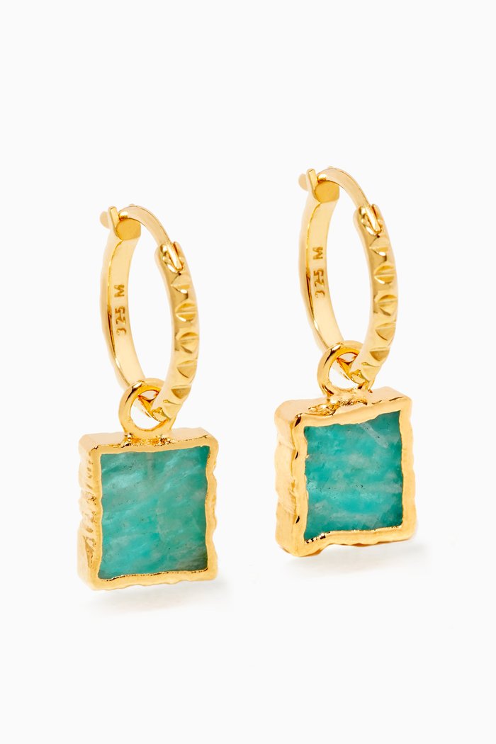 

Mini Amazonite Pyramid Charm Hoop Earrings in 18kt Gold-Plated Brass, Green