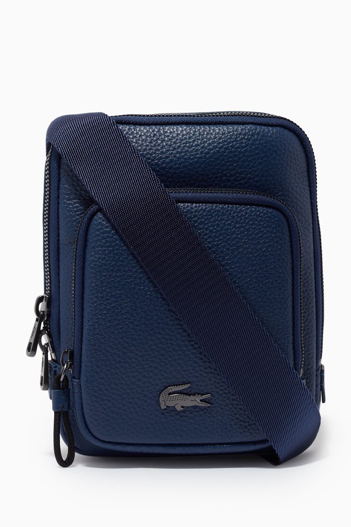 Soft Mate Small Flat Crossbody Bag in Matte Grained Leather, Blue