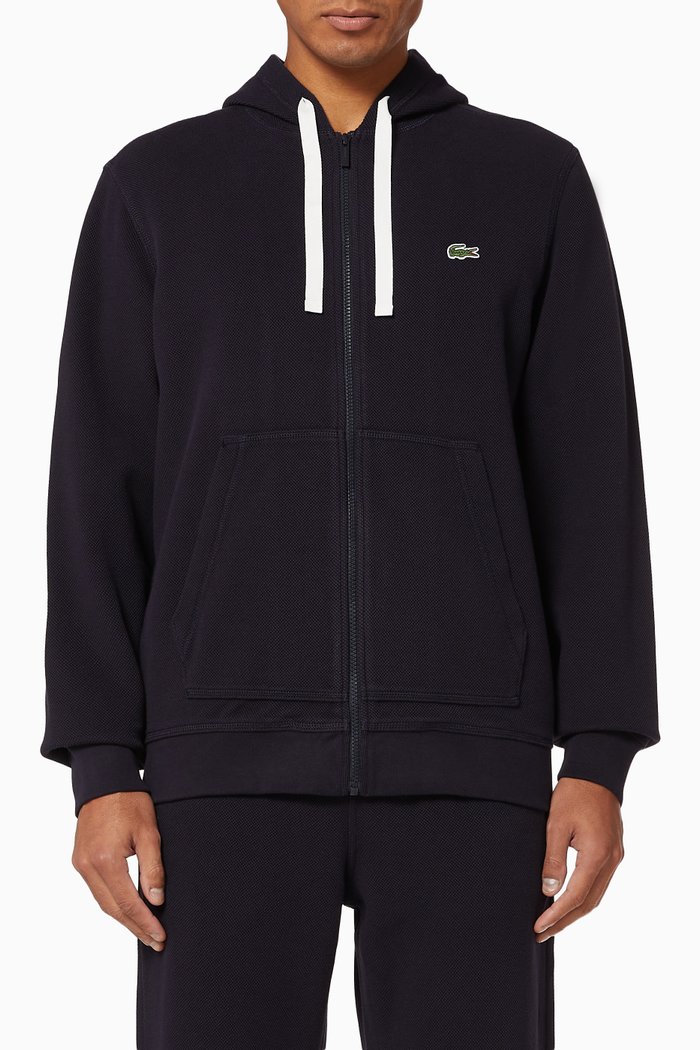 Organic Cotton Piqué Zip Hooded Sweatshirt, Black