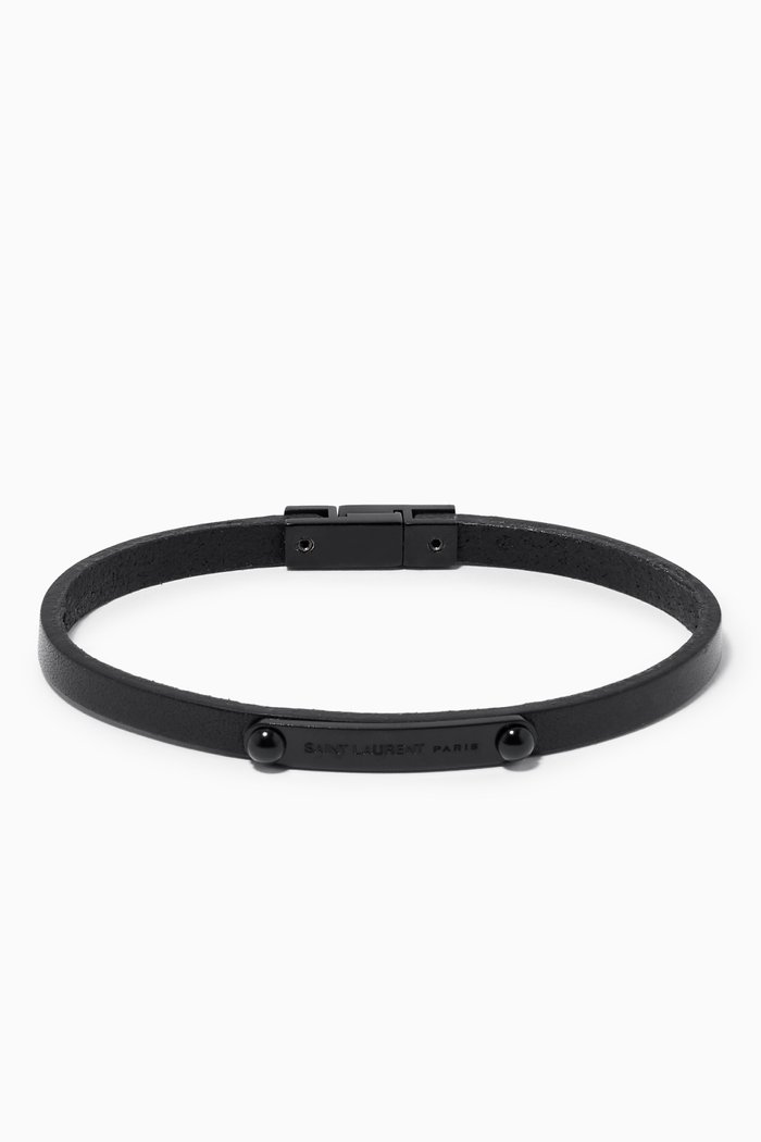 

SAINT LAURENT ID Plaque Bracelet in Smooth Leather, Black