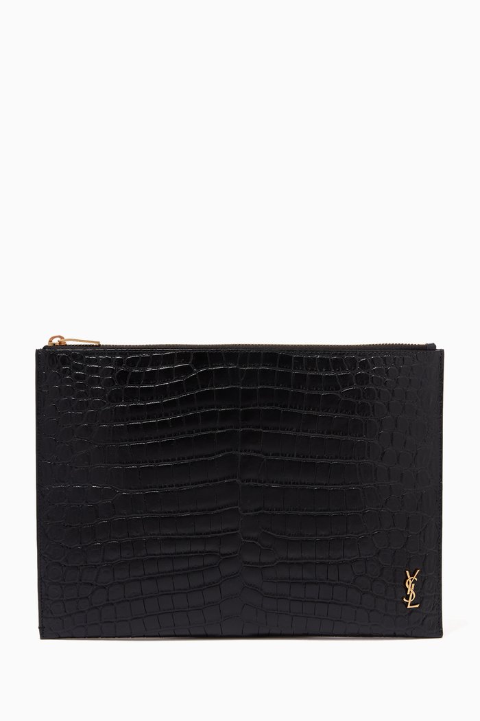 

Tiny Monogram Tablet Holder in Crocodile Embossed Matte Leather, Black