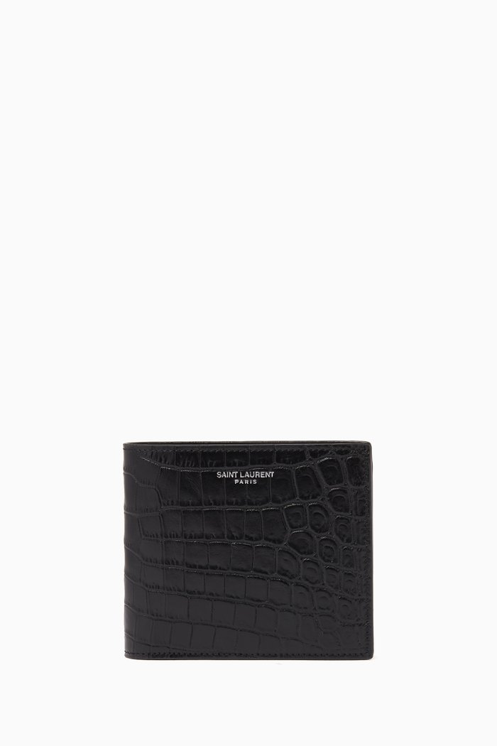 East/West Wallet in Crocodile Embossed Leather, Black