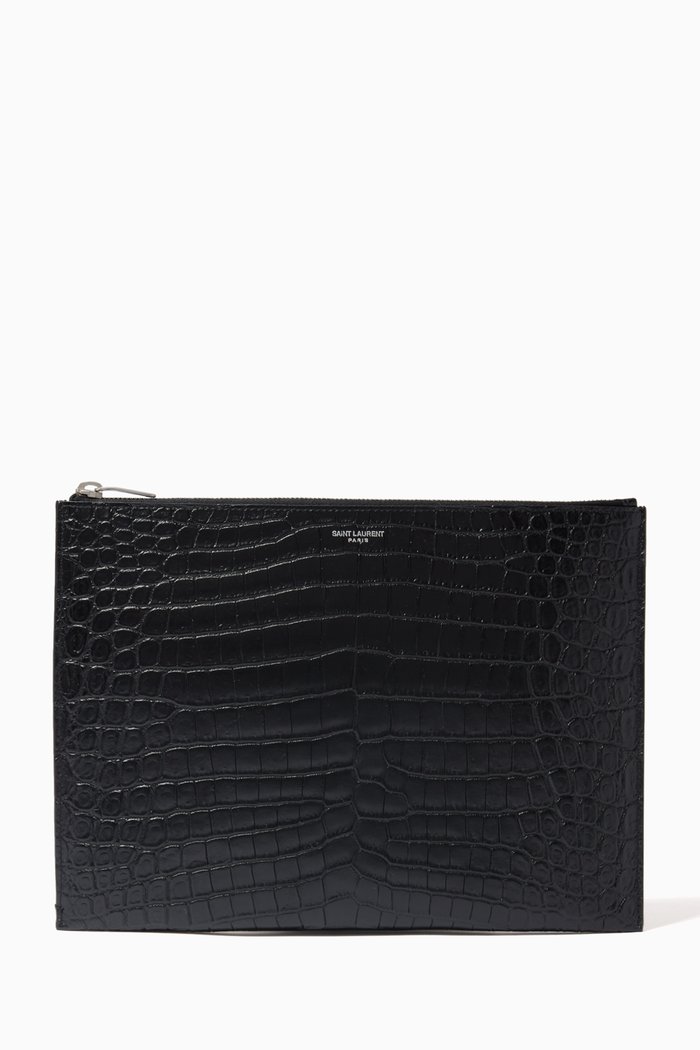 

Tablet Holder in Crocodile Embossed Leather, Black