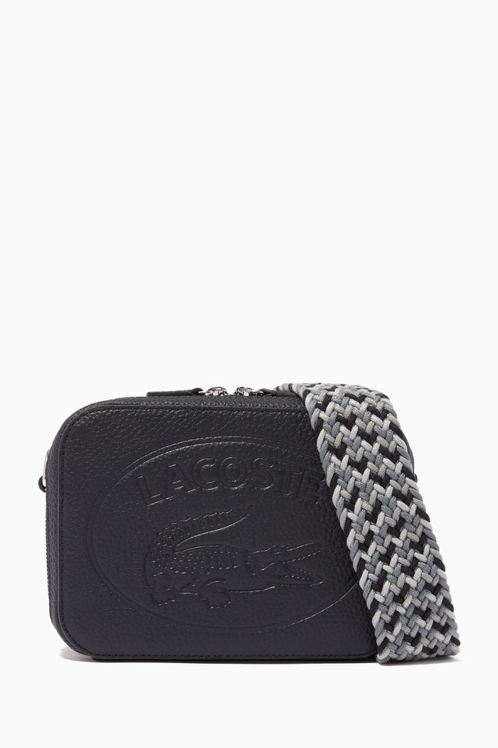

Croco Crew Bag with Woven Shoulder Strap in Grained Leather, Blue