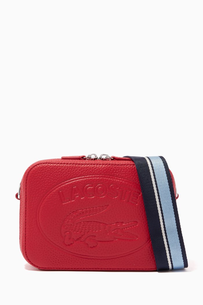 

Croco Crew Bag with Striped Shoulder Strap in Grained Leather, Red