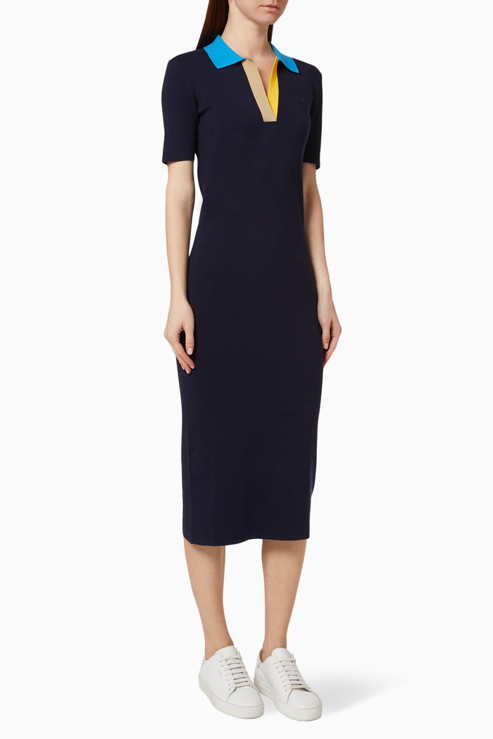 Polo Collar Cotton Knit Dress, Blue