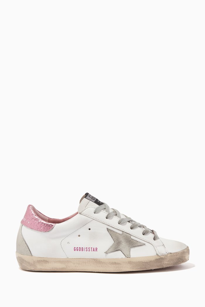 

Super-Star Sneakers with Suede Star & Metallic Heel Tab in Leather, White