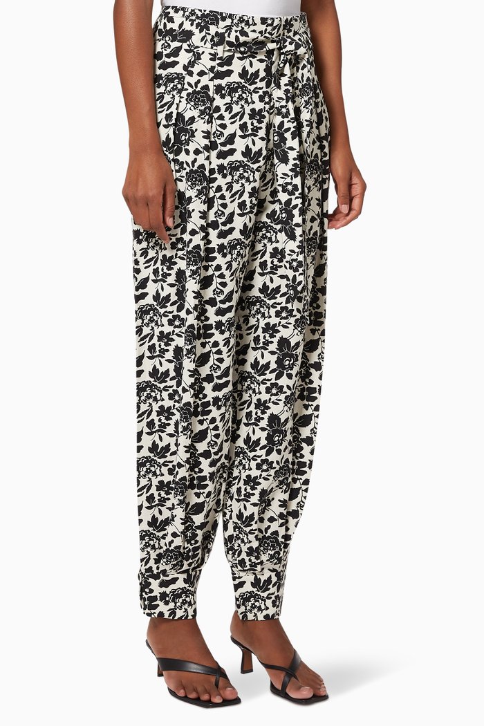 Floral Silk Blend Pants, Black