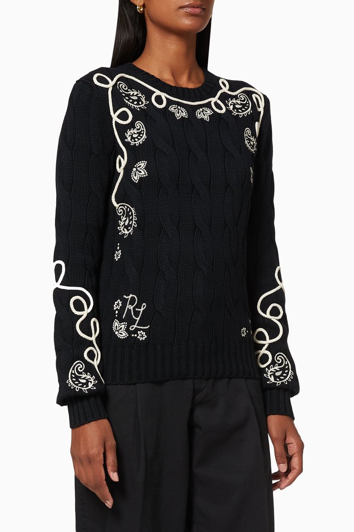 

Embroidered Cable-Knit Cotton Jumper, Black