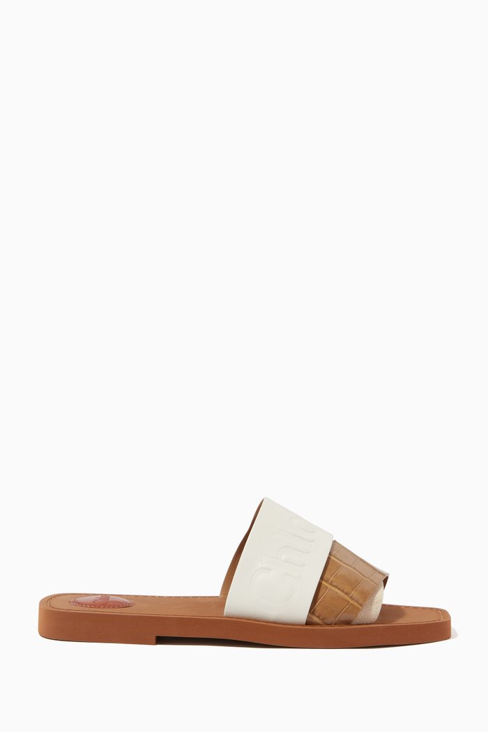 Patchwork Woody Flat Mule Sandals in Leather, Neutral