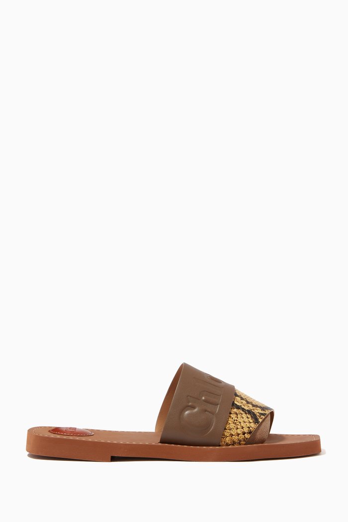

Patchwork Woody Flat Mule Sandals in Leather, Brown