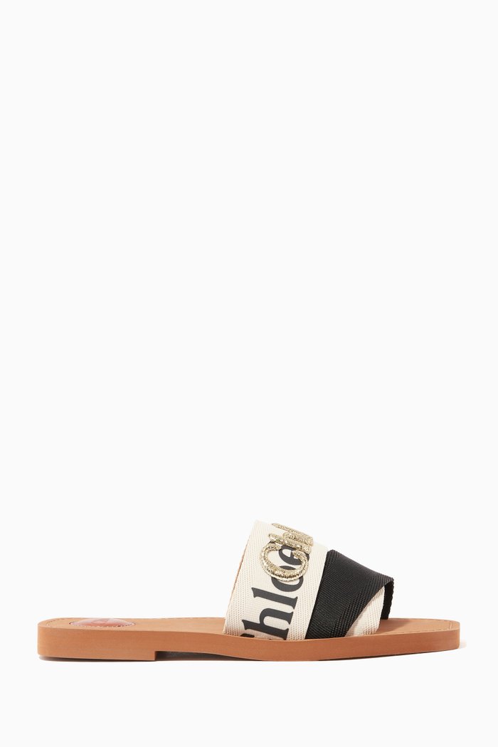 

Patchwork Woody Flat Mule Sandals in Canvas, Neutral