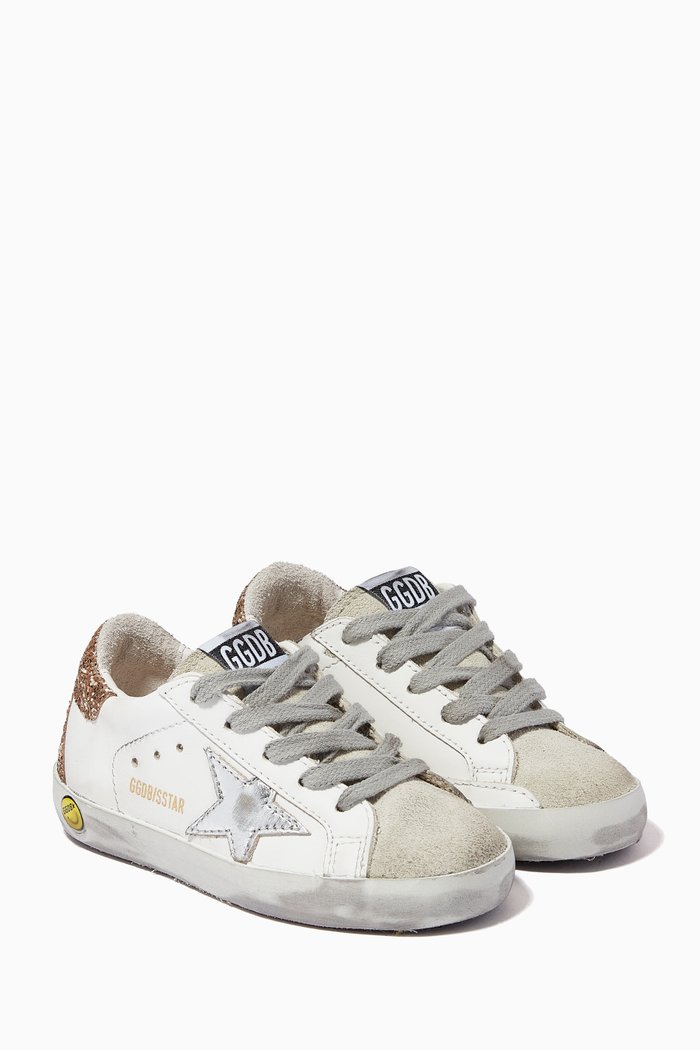 

Super-Star Sneakers with Laminated Star & Glittery Heel Tab in Leather, White