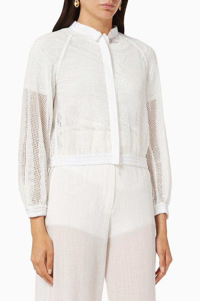 

Sequin Embellished Mesh Bomber Jacket, White