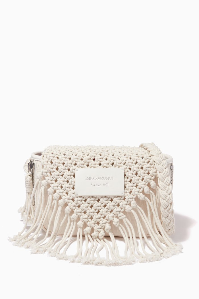 

EA Crochet Crossbody Bag in Macrame & Leather, White