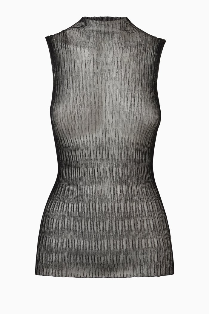 

Sheer Rib-Knit Top, Black