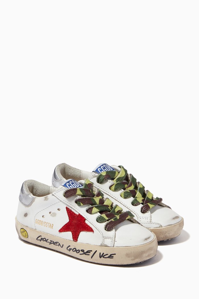 

Super-Star Sneakers with Suede Star & Metallic Heel Tab in Leather, White