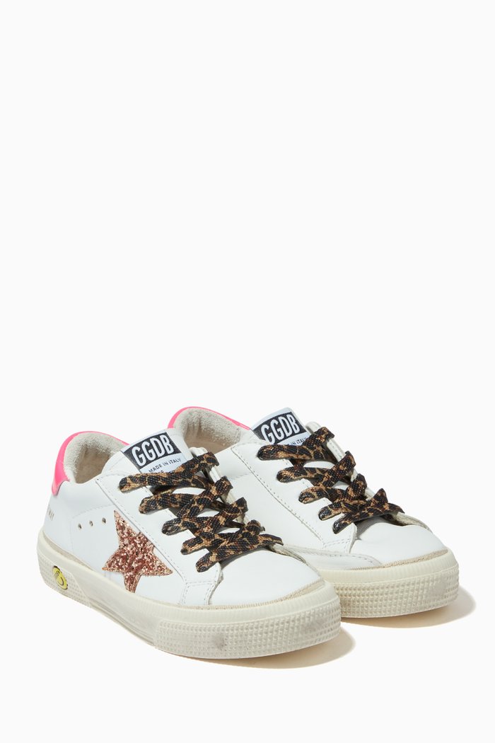 

May Glitter Star Sneakers with Shiny Leather Heel in Leather, White