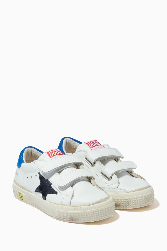 

May School Stripe Laminated Star Sneakers in Leather Upper, White