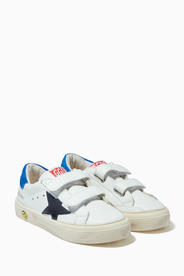 

May School Stripe Laminated Star Sneakers in Leather Upper, White
