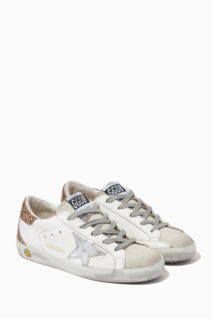 

Super-Star Sneakers with Laminated Star & Glittery Heel Tab in Leather, White