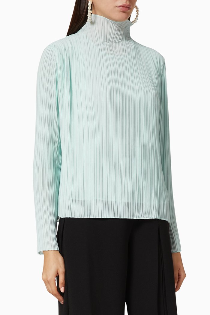 

High-Neck Pleated Blouse, Blue