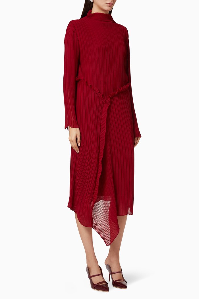 Asymmetrical Frill Dress, Red