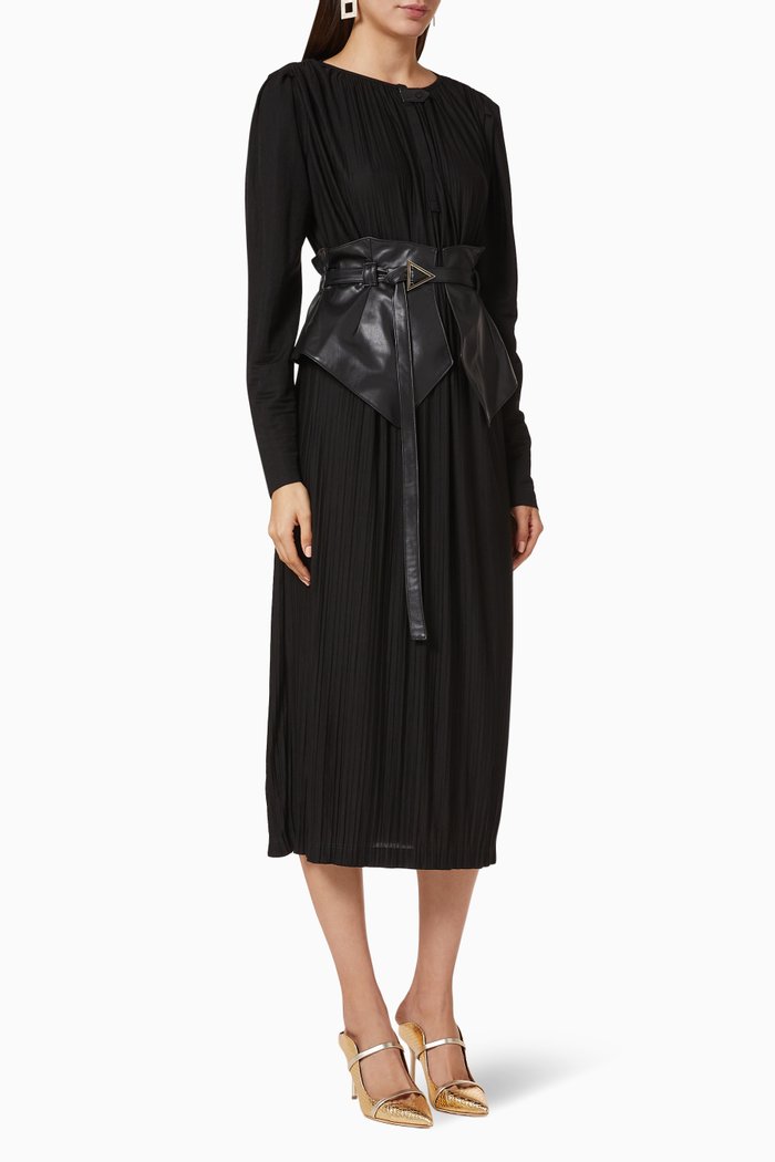 

Pleated Belted Dress, Black