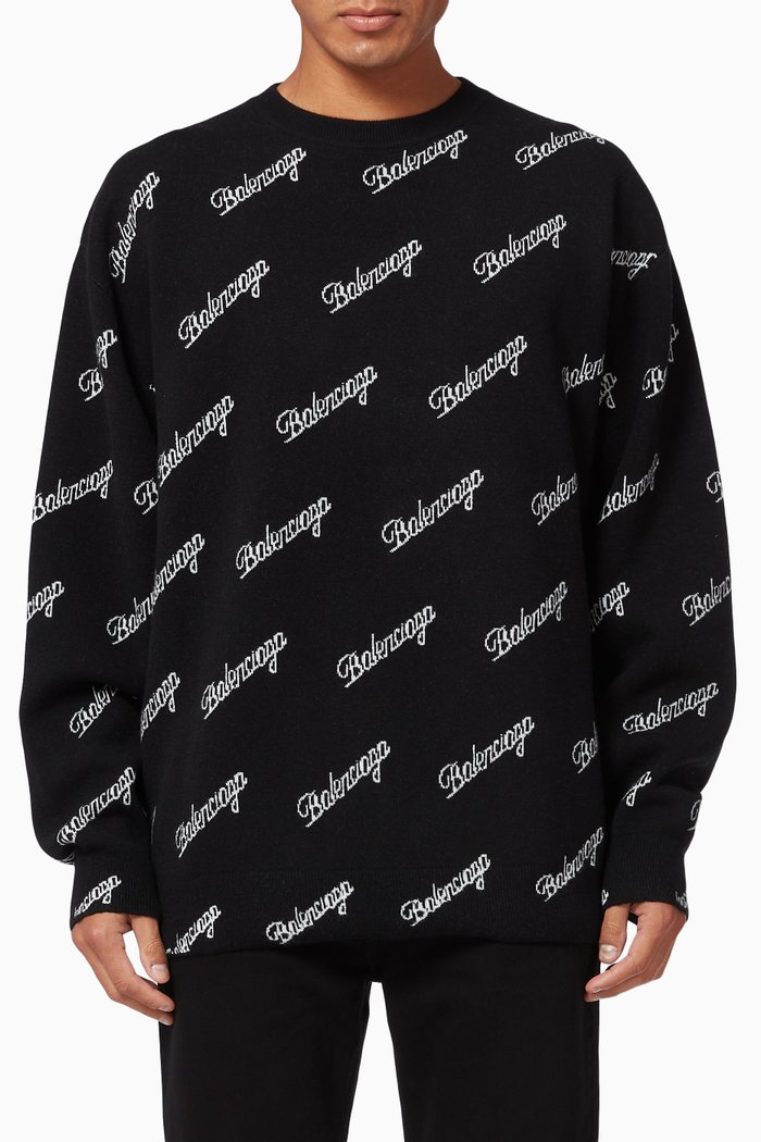 

Allover Script Logo Crewneck Sweater in Wool Knit, Black