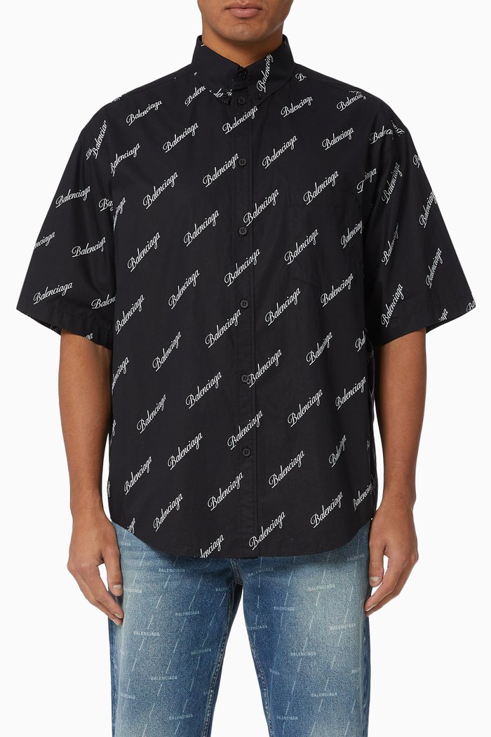 

All-over Script Logo Large Fit Shirt in Cotton Poplin, Black